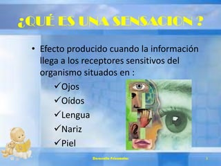 ¿QUÉ ES UNA SENSACION ?
• Efecto producido cuando la información
llega a los receptores sensitivos del
organismo situados en :
Ojos
Oídos
Lengua
Nariz
Piel
Desarrollo Psicomotor 3
 