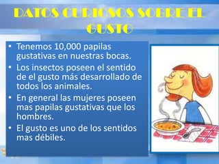 DATOS CURIOSOS SOBRE EL
GUSTO
• Tenemos 10,000 papilas
gustativas en nuestras bocas.
• Los insectos poseen el sentido
de el gusto más desarrollado de
todos los animales.
• En general las mujeres poseen
mas papilas gustativas que los
hombres.
• El gusto es uno de los sentidos
mas débiles.
 