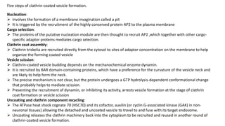 Nucleation:
 involves the formation of a membrane invagination called a pit
 It is triggered by the recruitment of the highly conserved protein AP2 to the plasma membrane
Cargo selection:
 The proteins of the putative nucleation module are then thought to recruit AP2 ,which together with other cargo-
specific adaptor proteins mediates cargo selection.
Clathrin coat assembly:
 Clathrin triskelia are recruited directly from the cytosol to sites of adaptor concentration on the membrane to help
organize the forming coated vesicle
Vesicle scission:
 Clathrin-coated vesicle budding depends on the mechanochemical enzyme dynamin.
 It is recruited by BAR domain-containing proteins, which have a preference for the curvature of the vesicle neck and
are likely to help form the neck.
 The precise mechanism is not clear, but the protein undergoes a GTP hydrolysis-dependent conformational change
that probably helps to mediate scission.
 Preventing the recruitment of dynamin, or inhibiting its activity, arrests vesicle formation at the stage of clathrin
coat formation or vesicle scission
Uncoating and clathrin component recycling:
 The ATPase heat shock cognate 70 (HSC70) and its cofactor, auxilin (or cyclin G-associated kinase (GAK) in non-
neuronal tissues) allowing the detached and uncoated vesicle to travel to and fuse with its target endosome.
 Uncoating releases the clathrin machinery back into the cytoplasm to be recruited and reused in another round of
clathrin-coated vesicle formation.
Five steps of clathrin-coated vesicle formation.
 