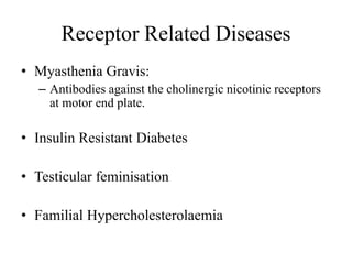 Receptor Related Diseases
• Myasthenia Gravis:
  – Antibodies against the cholinergic nicotinic receptors
    at motor end plate.

• Insulin Resistant Diabetes

• Testicular feminisation

• Familial Hypercholesterolaemia
 