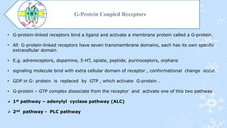 G-Protein Coupled Receptors
• G-protein-linked receptors bind a ligand and activate a membrane protein called a G-protein.
• All G-protein-linked receptors have seven transmembrane domains, each has its own specific
extracellular domain
• E.g. adrenoceptors, dopamine, 5-HT, opiate, peptide, purinoceptors, orphans
• signaling molecule bind with extra cellular domain of receptor , conformational change occur.
• GDP in G- protein is replaced by GTP , which activate G-protein .
• G-protein – GTP complex dissociate from the receptor and activate one of this two pathway
 1st pathway – adenylyl cyclase pathway (ALC)
 2nd pathway - PLC pathway
 