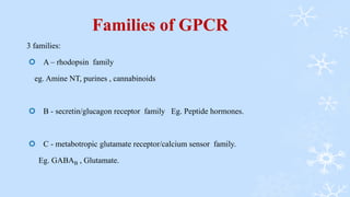 Families of GPCR
3 families:
 A – rhodopsin family
eg. Amine NT, purines , cannabinoids
 B - secretin/glucagon receptor family Eg. Peptide hormones.
 C - metabotropic glutamate receptor/calcium sensor family.
Eg. GABAB , Glutamate.
 