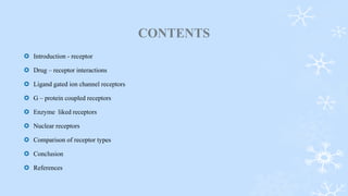 CONTENTS
 Introduction - receptor
 Drug – receptor interactions
 Ligand gated ion channel receptors
 G – protein coupled receptors
 Enzyme liked receptors
 Nuclear receptors
 Comparison of receptor types
 Conclusion
 References
 