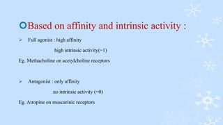 Based on affinity and intrinsic activity :
 Full agonist : high affinity
high intrinsic activity(=1)
Eg. Methacholine on acetylcholine receptors
 Antagonist : only affinity
no intrinsic activity (=0)
Eg. Atropine on muscarinic receptors
 