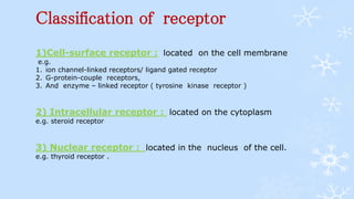 Classification of receptor
1)Cell-surface receptor : located on the cell membrane
e.g.
1. ion channel-linked receptors/ ligand gated receptor
2. G-protein-couple receptors,
3. And enzyme – linked receptor ( tyrosine kinase receptor )
2) Intracellular receptor : located on the cytoplasm
e.g. steroid receptor
3) Nuclear receptor : located in the nucleus of the cell.
e.g. thyroid receptor .
 