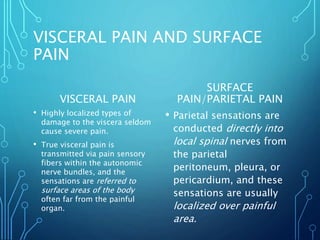 VISCERAL PAIN AND SURFACE
PAIN
VISCERAL PAIN
• Highly localized types of
damage to the viscera seldom
cause severe pain.
• True visceral pain is
transmitted via pain sensory
fibers within the autonomic
nerve bundles, and the
sensations are referred to
surface areas of the body
often far from the painful
organ.
SURFACE
PAIN/PARIETAL PAIN
• Parietal sensations are
conducted directly into
local spinal nerves from
the parietal
peritoneum, pleura, or
pericardium, and these
sensations are usually
localized over painful
area.
 