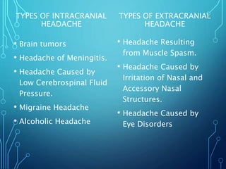 TYPES OF INTRACRANIAL
HEADACHE
• Brain tumors
• Headache of Meningitis.
• Headache Caused by
Low Cerebrospinal Fluid
Pressure.
• Migraine Headache
• Alcoholic Headache
TYPES OF EXTRACRANIAL
HEADACHE
• Headache Resulting
from Muscle Spasm.
• Headache Caused by
Irritation of Nasal and
Accessory Nasal
Structures.
• Headache Caused by
Eye Disorders
 