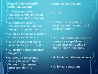 • Dorsal Column–Medial
Lemniscal System
• 1. Touch sensations
requiring a high degree of
localization of the stimulus
• 2. Touch sensations
requiring transmission of
fine gradations of intensity
• 3. Phasic sensations, such as
vibratory sensations
• 4. Sensations that signal
movement against the skin
• 5. Position sensations from
the joints
• 6. Pressure sensations
having to do with fine
degrees of judgment of
pressure intensity
• Anterolateral System
• 1. Pain
• 2. Thermal sensations,
including both warmth and
cold sensations
• 3. Crude touch and pressure
sensations capable only of
crude localizing ability on
the surface of the body
• 4. Tickle and itch sensations
• 5. Sexual sensations
 
