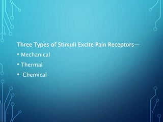 Three Types of Stimuli Excite Pain Receptors—
• Mechanical
• Thermal
• Chemical
 