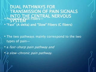 DUAL PATHWAYS FOR
TRANSMISSION OF PAIN SIGNALS
INTO THE CENTRAL NERVOUS
SYSTEM
• Peripheral Pain Fibers—
• “Fast” (A delta) and “Slow” Fibers (C fibers)
• The two pathways mainly correspond to the two
types of pain—
• a fast-sharp pain pathway and
• a slow-chronic pain pathway.
 