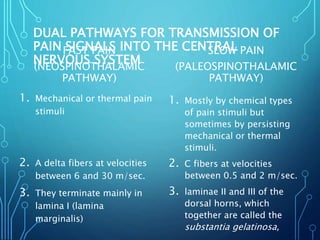 DUAL PATHWAYS FOR TRANSMISSION OF
PAIN SIGNALS INTO THE CENTRAL
NERVOUS SYSTEM
FAST PAIN
(NEOSPINOTHALAMIC
PATHWAY)
1. Mechanical or thermal pain
stimuli
2. A delta fibers at velocities
between 6 and 30 m/sec.
3. They terminate mainly in
lamina I (lamina
marginalis)
SLOW PAIN
(PALEOSPINOTHALAMIC
PATHWAY)
1. Mostly by chemical types
of pain stimuli but
sometimes by persisting
mechanical or thermal
stimuli.
2. C fibers at velocities
between 0.5 and 2 m/sec.
3. laminae II and III of the
dorsal horns, which
together are called the
substantia gelatinosa,
 