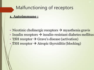 Malfunctioning of receptors
1. Autoimmune :
• Nicotinic cholinergic receptors  myasthenia gravis
• Insulin receptors  insulin-resistant diabetes mellitus
• TSH receptor  Grave’s disease (activation)
• TSH receptor  Atropic thyroiditis (blocking)
17
 