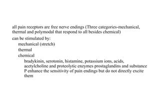 all pain receptors are free nerve endings (Three categories-mechanical,
thermal and polymodal that respond to all besides chemical)
can be stimulated by:
mechanical (stretch)
thermal
chemical
bradykinin, serotonin, histamine, potassium ions, acids,
acetylcholine and proteolytic enzymes prostaglandins and substance
P enhance the sensitivity of pain endings but do not directly excite
them
 