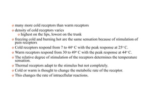 o many more cold receptors than warm receptors
o density of cold receptors varies
o highest on the lips, lowest on the trunk
o freezing cold and burning hot are the same sensation because of stimulation of
pain receptors
o Cold receptors respond from 7 to 44o C with the peak response at 25o C.
o Warm receptors respond from 30 to 49o C with the peak response at 44o C.
o The relative degree of stimulation of the receptors determines the temperature
sensation.
o Thermal receptors adapt to the stimulus but not completely.
o Cold or warm is thought to change the metabolic rate of the receptor.
o This changes the rate of intracellular reactions.
 
