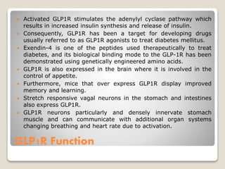GLP1R Function
 Activated GLP1R stimulates the adenylyl cyclase pathway which
results in increased insulin synthesis and release of insulin.
 Consequently, GLP1R has been a target for developing drugs
usually referred to as GLP1R agonists to treat diabetes mellitus.
 Exendin-4 is one of the peptides used therapeutically to treat
diabetes, and its biological binding mode to the GLP-1R has been
demonstrated using genetically engineered amino acids.
 GLP1R is also expressed in the brain where it is involved in the
control of appetite.
 Furthermore, mice that over express GLP1R display improved
memory and learning.
 Stretch responsive vagal neurons in the stomach and intestines
also express GLP1R.
 GLP1R neurons particularly and densely innervate stomach
muscle and can communicate with additional organ systems
changing breathing and heart rate due to activation.
 