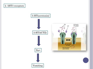 2. 5HT3 receptors
5-HT(serotonin)
5-HT3(CTZ)
Na+
Vomiting
 