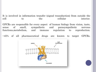 It is involved in information transfer (signal transduction) from outside the
cell to the cellular interior.
GPCRs are responsible for every aspect of human biology from vision, taste,
sense of smell, sympathetic and parasympathetic nervous
functions,metabolism, and immune regulation to reproduction.
~45% of all pharmaceutical drugs are known to target GPCRs.
 
