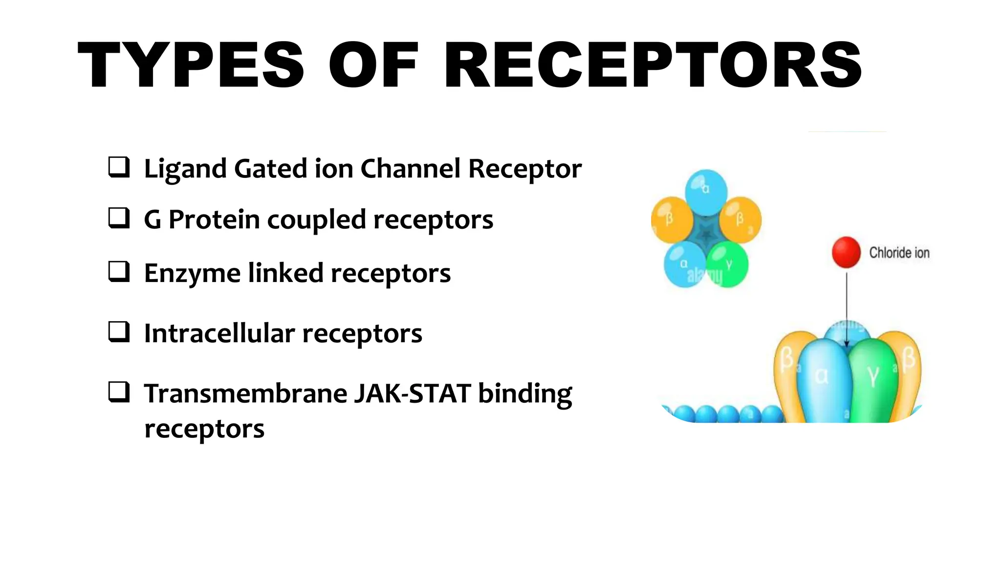 TYPES OF RECEPTORS
 Ligand Gated ion Channel Receptor
 Enzyme linked receptors
 G Protein coupled receptors
 Intracellular receptors
 Transmembrane JAK-STAT binding
receptors
 