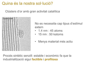 Quina és la nostra sol·lució? 
Courtesy of INA 
Clústers d’or amb gran activitat catalítica 
No es necessita cap tipus d’estímul extern 
Procés sintètic senzill: estable i econòmic fa que la industrialització sigui factible i profitosa 
• 
1.4 nm : 45 atoms 
• 
15 nm : 50 katoms 
• 
Menys material més actiu  