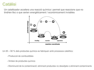 Catàlisi 
Un catalitzador accelera una reacció química i permet que reaccions que no tindrien lloc o que serien energèticament / econòmicament inviables 
Un 85 – 90 % dels productes químics es fabriquen amb processos catalítics: - Producció de combustibles - Síntesi de productes químics - Disminució de la contaminació: eliminant productes no dessitjats o eliminant contaminants  