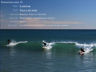 Estructura num. 13
Tipus LAMINAR
Nom TAULA DE SURF
Situació Barcelona. Platja de la Mar Bella
Materials Plàstic exterior i material lleuger a l’interior
Esforços Flexió
Descripció La combinació de materials ha de resultar lleuger i resistent
 