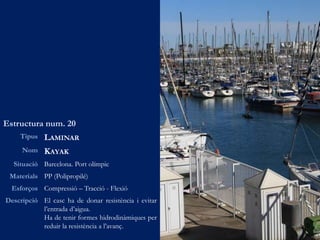 Estructura num. 20
Tipus LAMINAR
Nom KAYAK
Situació Barcelona. Port olímpic
Materials PP (Polipropilé)
Esforços Compressió – Tracció - Flexió
Descripció El casc ha de donar resistència i evitar
l’entrada d’aigua.
Ha de tenir formes hidrodinàmiques per
reduir la resistència a l’avanç.
 