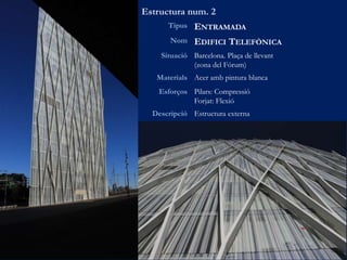 Estructura num. 2
Tipus ENTRAMADA
Nom EDIFICI TELEFÒNICA
Situació Barcelona. Plaça de llevant
(zona del Fórum)
Materials Acer amb pintura blanca
Esforços Pilars: Compressió
Forjat: Flexió
Descripció Estructura externa
 
