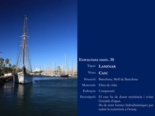 Estructura num. 30
Tipus LAMINAR
Nom CASC
Situació Barcelona. Moll de Barcelona
Materials Fibra de vidre
Esforços Compressió
Descripció El casc ha de donar ressistència i evitar
l’entrada d’aigua.
Ha de tenir formes hidrodinàmiques per
reduir la ressistència a l’avanç.
 