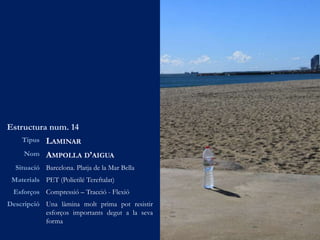 Estructura num. 14
Tipus LAMINAR
Nom AMPOLLA D’AIGUA
Situació Barcelona. Platja de la Mar Bella
Materials PET (Polietilé Tereftalat)
Esforços Compressió – Tracció - Flexió
Descripció Una làmina molt prima pot resistir
esforços importants degut a la seva
forma
 
