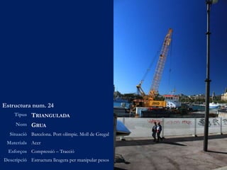 Estructura num. 24
Tipus TRIANGULADA
Nom GRUA
Situació Barcelona. Port olímpic. Moll de Gregal
Materials Acer
Esforços Compressió – Tracció
Descripció Estructura lleugera per manipular pesos
 