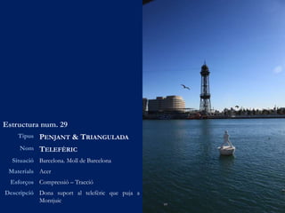 Estructura num. 29
Tipus PENJANT & TRIANGULADA
Nom TELEFÈRIC
Situació Barcelona. Moll de Barcelona
Materials Acer
Esforços Compressió – Tracció
Descripció Dona suport al telefèric que puja a
Montjuic
 
