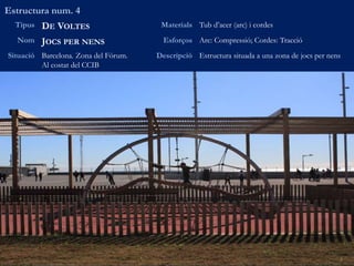 Estructura num. 4
Tipus DE VOLTES Materials Tub d’acer (arc) i cordes
Nom JOCS PER NENS Esforços Arc: Compressió; Cordes: Tracció
Situació Barcelona. Zona del Fórum.
Al costat del CCIB
Descripció Estructura situada a una zona de jocs per nens
 