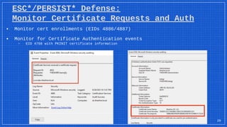 20
ESC*/PERSIST* Defense:
Monitor Certificate Requests and Auth
▪ Monitor cert enrollments (EIDs 4886/4887)
▪ Monitor for Certificate Authentication events
▫ EID 4768 with PKINIT certificate information
 