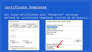 Certificate Templates
CAs issue certificates with “blueprint” settings
defined by certificate templates (stored as AD objects)
6
 