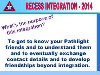 What’s the purpose of
this integration?
To get to know your Pathlight
friends and to understand them
and to eventually exchange
contact details and to develop
friendships beyond integration.
 