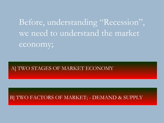 Before, understanding “Recession”,  we need to understand the market economy; A] TWO STAGES OF MARKET ECONOMY  B] TWO FACTORS OF MARKET; - DEMAND & SUPPLY 