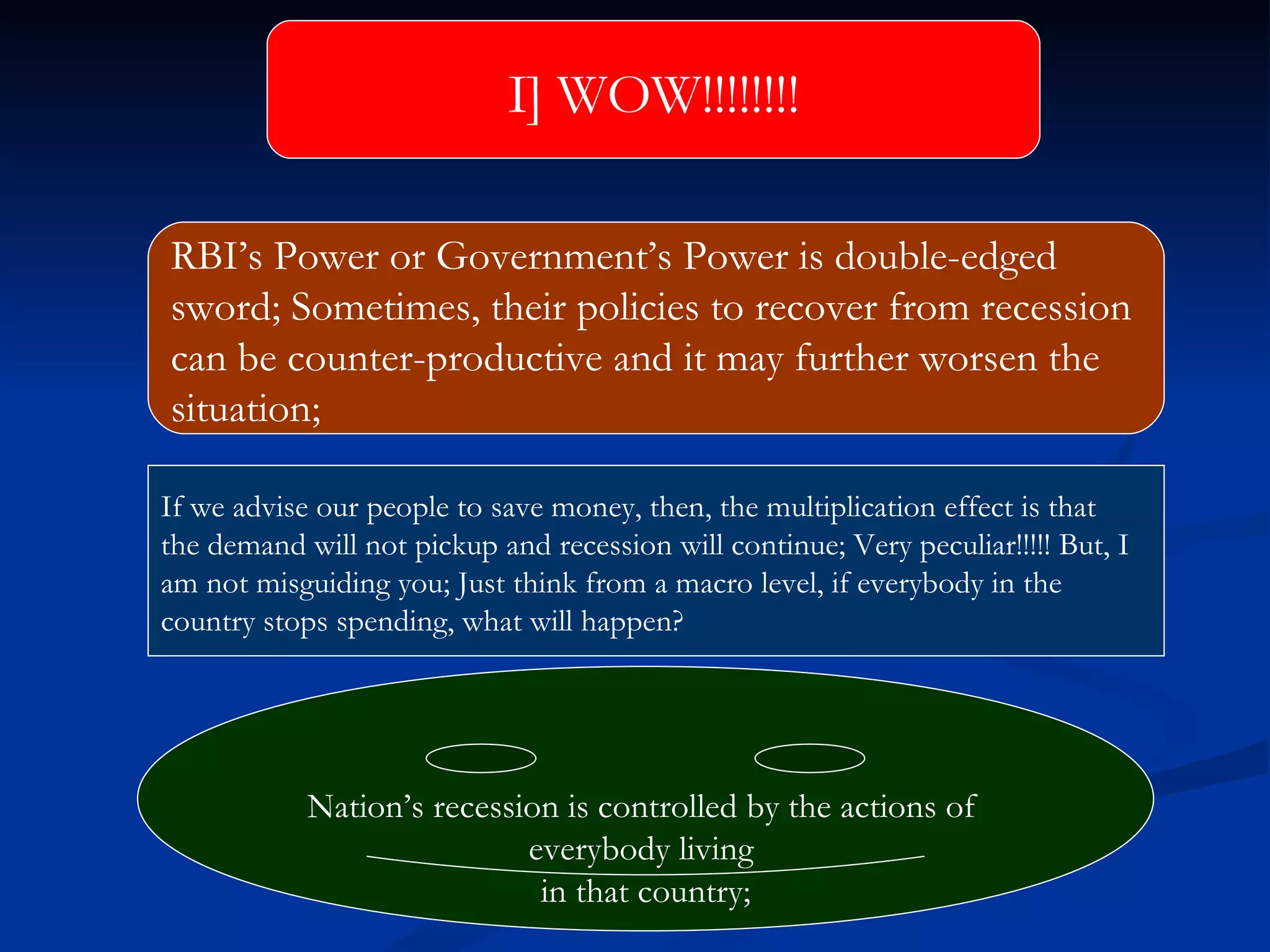 I] WOW!!!!!!!! RBI’s Power or Government’s Power is double-edged  sword; Sometimes, their policies to recover from recession  can be counter-productive and it may further worsen the  situation; Nation’s recession is controlled by the actions of  everybody living  in that country; If we advise our people to save money, then, the multiplication effect is that the demand will not pickup and recession will continue; Very peculiar!!!!! But, I  am not misguiding you; Just think from a macro level, if everybody in the country stops spending, what will happen? 