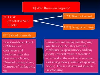 Low Confidence Level  of Millions of  consumers and  producers after they hear many job cuts,  Demand coming down, Companies’ bankruptcy, etc E] Why   Recession happens? Consumers are fearing that they may  lose their jobs; So, they have less  confidence to spend money and buy  goods; This will result in reduction in demand in the market; Consumers  start saving money instead of spending  money;  This is a downward spiral in  the economy; E2.1] Word of mouth E2.2] Assignable Cause E2.1] Word of mouth E2] LOW CONFIDENCE  LEVEL 