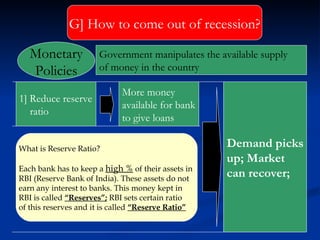 G] How to come out of recession? 1] Reduce reserve ratio  More money available for bank to give loans Demand picks up; Market  can recover; Government manipulates the available supply  of money in the country  Monetary Policies What is Reserve Ratio? Each bank has to keep a  high %  of their assets in  RBI (Reserve Bank of India). These assets do not  earn any interest to banks. This money kept in  RBI is called  “Reserves”;  RBI sets certain ratio  of this reserves and it is called  “Reserve Ratio” 