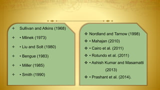  Sullivan and Atkins (1968)
 • Mlinek (1973)
 • Liu and Solt (1980)
 • Bengue (1983)
 • Miller (1985)
 • Smith (1990)
 Nordland and Tarnow (1998)
 • Mahajan (2010)
 • Cairo et al. (2011)
 • Rotundo et al. (2011)
 • Ashish Kumar and Masamatti
(2013)
 • Prashant et al. (2014).
 