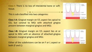 There is no loss of interdental bone or soft-
tissue.
This is sub-classified into two categories:
Class I-A: Gingival margin on F/L aspect lies apical to
CEJ, but coronal to MGJ with attached gingiva
present between marginal gingiva and MGJ.
Class I-B: Gingival margin on F/L aspect lies at or
apical to MGJ with an absence of attached gingiva
between marginal gingiva and MGJ.
Either of the subdivisions can be on F or L aspect or
both (F and L):
 