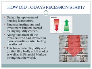 HOW DID TODAYS RECESSION START? Default in repayment of housing loan started. Financial institutions and investment bankers started feeling liquidity crunch. Along with them all the investors who had invested in those securities started feeling the affect of it. This has affected liquidity and profitability badly at US market as well as in Financial Markets throughout the world. 