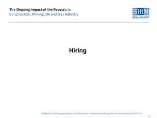 The Ongoing Impact of the Recession:
Construction, Mining, Oil and Gas Industry




                                              Hiring




                   SHRM Poll: The Ongoing Impact of the Recession—Construction, Mining, Oil and Gas Industry ©SHRM 2012
                                                                                                                          12
 