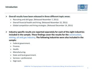 Introduction



 Overall results have been released in three different topic areas:
     Recruiting and skill gaps. (Released November 7, 2011)
     Overall financial health and hiring. (Released November 22, 2011)
     Global competition and hiring strategies. (Released December 14, 2011)


 Industry-specific results are reported separately for each of the eight industries
  included in the sample. These findings cover the results for the construction,
  mining, oil and gas industry. The following industries were also included in the
  sample:
     Federal government.
     Finance.
     Health.
     Manufacturing.
     State and local government.
     Services—professional.
     High-tech.

                    SHRM Poll: The Ongoing Impact of the Recession—Construction, Mining, Oil and Gas Industry ©SHRM 2012
                                                                                                                           3
 