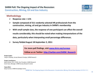 SHRM Poll: The Ongoing Impact of the Recession:
 Construction, Mining, Oil and Gas Industry

    Methodology
         Response rate = 11%
         Sample composed of 311 randomly selected HR professionals from the
          construction, mining, oil and gas industry in SHRM’s membership
         With small sample sizes, the response of one participant can affect the overall
              results considerably; this should be noted when making interpretations of the
              data, particularly when interpreting small percentage differences.

         Survey fielded August 18-September 2, 2011

                                   For more poll findings, visit www.shrm.org/surveys
                                   Follow us on Twitter: http://twitter.com/SHRM_Research
Project leader:
Tanya A. Mulvey, Survey Research Analyst, SHRM Research

Project contributors:
Mark Schmit, Ph.D., SPHR, Vice President, SHRM Research
Evren Esen, Manager, SHRM Survey Research Center

Copy editor:
Katya Scanlan, SHRM Knowledge Center
                                     SHRM Poll: The Ongoing Impact of the Recession—Construction, Mining, Oil and Gas Industry ©SHRM 2012
                                                                                                                                            36
 