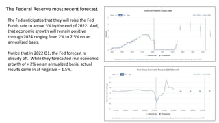 3
The Federal Reserve most recent forecast
The Fed anticipates that they will raise the Fed
Funds rate to above 3% by the end of 2022. And,
that economic growth will remain positive
through 2024 ranging from 2% to 2.5% on an
annualized basis.
Notice that in 2022 Q1, the Fed forecast is
already off. While they forecasted real economic
growth of + 2% on an annualized basis, actual
results came in at negative – 1.5%.
 