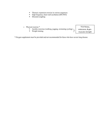 



o

Thoracic expansion exercise in various sequences
High frequency chest wall oscillation (HFCWO)
Directed coughing

Physical exercise *
 Aerobic exercises (walking, jogging, swimming cycling)
 Weight training

↑CV fitness,
endurance, & gen.
muscular strength

* Oxygen supplement must be provided and not recommended for those who have severe lung disease.

 