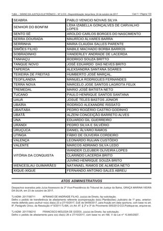 Cad 1 / Página 130TJBA – DIÁRIO DA JUSTIÇA ELETRÔNICO – Nº 2.010 - Disponibilização: terça-feira, 24 de outubro de 2017
6($%5$ 3$%/2 9(1,,2 129$,6 6,/9$
6(1+25 '2 %21),0
/Ë',$ ,=$%(//$ *21d$/9(6 '( $59$/+2
/23(6
6(172 6e $52/'2 $5/26 %25*(6 '2 1$6,0(172
6(55$ '285$'$ 0$85Ë,2 È/9$5(6 %$55$
6(55,1+$ 0$5,$ /$8',$ 6$//(6 3$5(17(
6,0®(6 ),/+2 0$%,/( 0$+$'2 %25%$ %$5526
62%5$',1+2 9$1'(5/( $1'5$'( '( /$(5'$
7$1+$d8 52'5,*2 628=$ %5,772
7$148( 1292 -26e ('8$5'2 '$6 1(9(6 %5,72
7$3(52$ $/(;6$1'5$ 6$17$1$ 62$5(6
7(,;(,5$ '( )5(,7$6 +80%(572 -26e 0$5d$/
7(2),/$1',$ 0$18(/$ 52'5,*8(6 )(51$1'(6
7(55$ 129$ 0$5(/2 -26( 6$1726 /$*527$ )(/,;
75(0('$/ 0$5,2 -26e %$7,67$ 1(72
78$12 3$8/2 +(15,48( 6$1726 6$17$1$
8$8È -268e 7(/(6 %$6726 -Ò1,25
8%$Ë5$ 52'5,*2 $/(;$1'5( 5,66$72
8%$,7$%$ 3('52 52*e5,2 $6752 *2',1+2
8%$7­ $/=(1, 21(,d­2 %$55(72 $/9(6
81$ ('8$5'2 *,/ *8(55(,52
85$1', 3('52 6,/9$ ( 6,/9e5,2
858d8$ '$1,(/ È/9$52 5$026
87,1*$ )È%,2 '( 2/,9(,5$ 25'(,52
9$/(1d$ /(21$5'2 58/,$1 867Ï',2
9$/(17( 0$526 $'5,$12 6,/9$ /('2
9,7Ï5,$ '$ 2148,67$
:$1'(5 /(8%(5 2/,9(,5$ /23(6
/$5,1'2 /$(5'$ %5,72
-89,12 +(15,48( 628=$ %5,72
:(1(6/$8 *8,0$5­(6 1$7$1$(/ 5$026 '( $/0(,'$ 1(72
;,48(;,48( )(51$1'2 $1721,2 6$/(6 $%5(8
3iJLQD  GH ËQWHJUD GR 'LiULR
ATOS ADMINISTRATIVOS
Despachos exarados pela Juíza Assessora da 2ª Vice-Presidência do Tribunal de Justiça da Bahia, GRAÇA MARINA VIEIRA
DA SILVA, em 23 de outubro de 2017.
TJ-ADM- 2017/58711 AFRANIO DE ANDRADE FILHO, Juiz(a) de Direito, faz solicitação.
Defiro o pedido de transferência de afastamento referente acompensação do(s) Plantão(ões) Judiciário de 1º grau, anterior-
mente deferido para usufruir no(s) dia(s) 23 a 27/10/2017, DJE de 04/09/2017, para fruição em data oportuna, com base no art.
8º, Parágrafo Único, da Resolução nº 6/2011-TJ-BA, c/c Art. 6º, § 2º e 3º do Provimento 005/2012-CCI.Publique-se, arquive-se.
TJ-ADM- 2017/58210 FRANCISCO MOLEDA DE GODOI, Juiz(a) de Direito, faz solicitação.
Defiro o pedido de afastamento para o(s) dia(s) 26 e 27/10/2017, com base no art.168, V da Lei nº 10.845/2007.
 