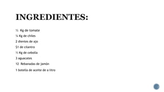 ½ Kg de tomate
¼ Kg de chiles
2 dientes de ajo
$1 de cilantro
½ Kg de cebolla
3 aguacates
12 Rebanadas de jamón
1 botella de aceite de a litro