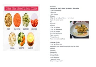 Receta n°1
Tequeños de lomo + crema de rocoto & Huacamole
-1 paq. De tequeños
-1lt Aceite
- ¼ De huevos
Relleno:
-500gr de carne (huachalomo – lomo fino)
-Pasta de ajos (al gusto)
-Sal
-Pimienta
-Comino
-3 uni. De cebolla
-1 uni. De ají amarillo
-2 uni. De tomate
-un ramo de culantro
-Salsa de ostión
-Vinagre blanco
-Salsa de soya claro (sillao)
Crema de rocoto:
-3 uni. de rocoto rojo
-Mayonesa (1uni. Huevo, aceite, sal, zumo de limón)
-Mostaza
-Pimienta
Huacamole:
-2 uni. De paltas
-1 uni De cebolla
-1 uni. De tomate
- culantro (al gusto)
-Sal, pimienta , zumo de li
 